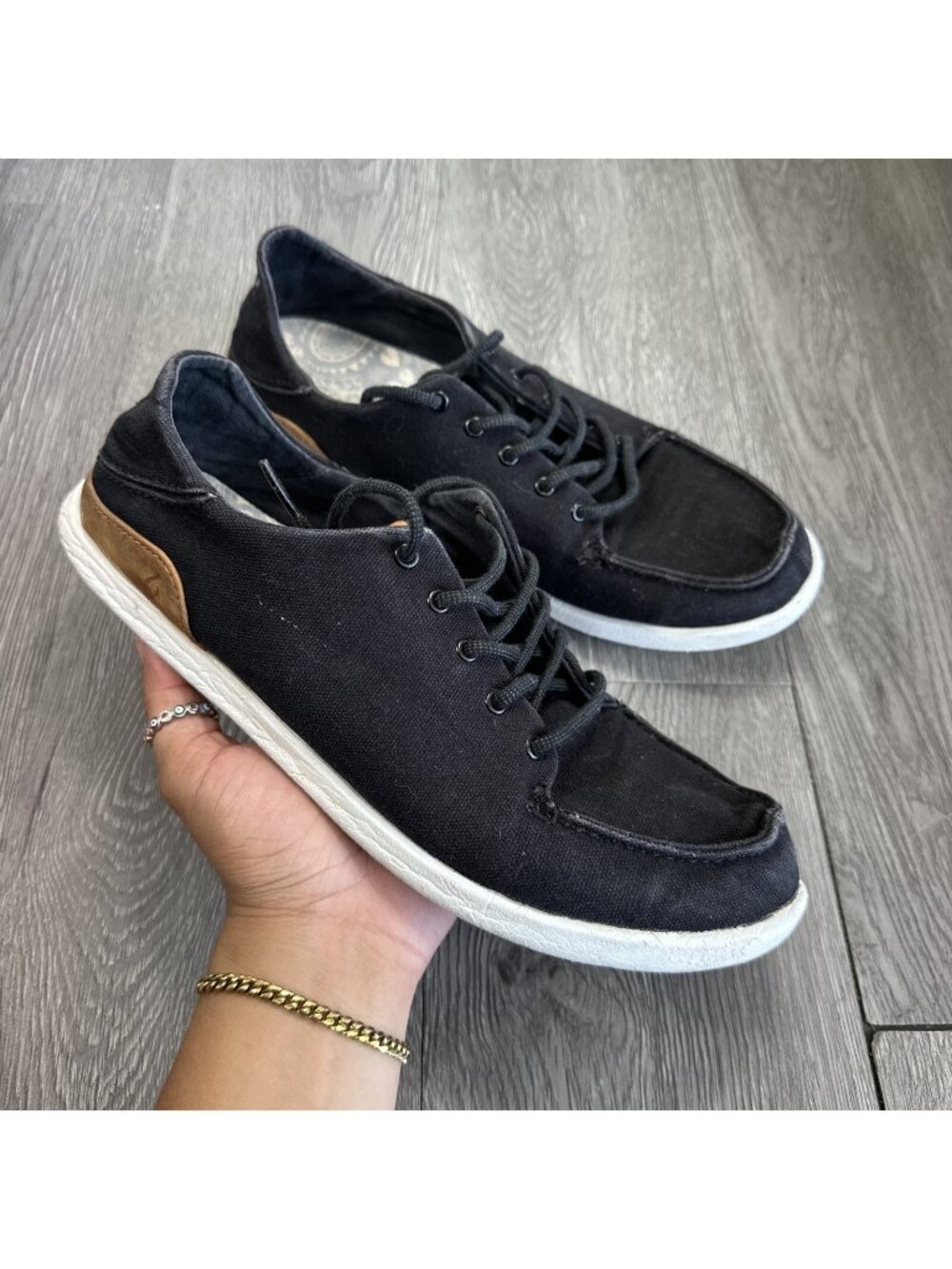 Olukai Manoa Shoes US Mens Size 9 Black Canvas Textile Lace Up 10331-1333